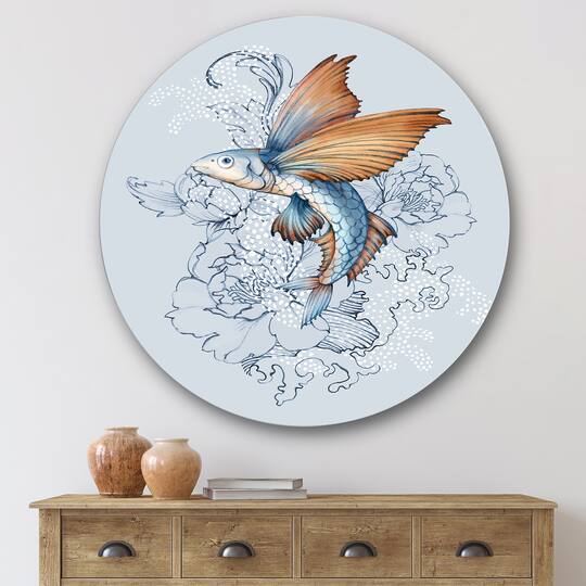 Designart - Flying Fish On Peonies - Traditional Metal Circle Wall Art